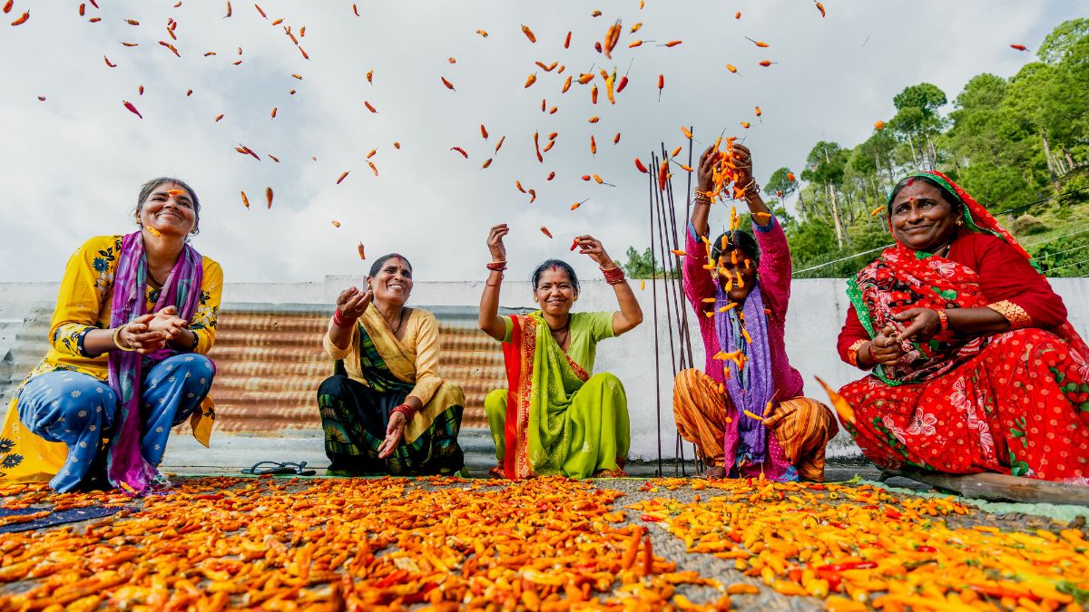 Fünf Frauen in bunten Saris sitzen auf dem Boden und werfen Chilis in die Luft.