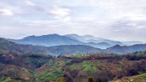 Landschaft mit grünen Hügeln und Bergen