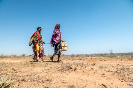 Eine ältere Frau mit buntem Kopftuch führt eine andere, jüngere Frau über gelben, trockenen, unbewachsenen Boden. Sie halten zum Führen jeweils ein Ende eines Stocks, der sie verbindet.