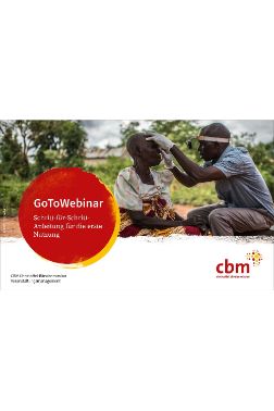 Ein Mann untersucht die Augen einer Frau, daneben ein roter Punkt mit der Aufschrift GoToWebinar