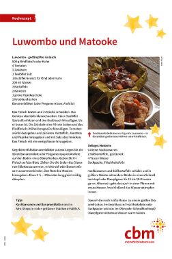 Rezept Luwombo mit Matoke mit Foto eines Fleischgerichts und Text.