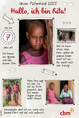 Steckbrief mit drei Bildern eines siebenjährigen Mädchens aus Uganda