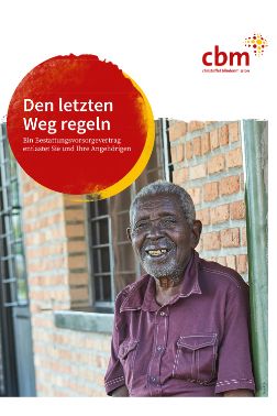 Lachender älterer Mann, ein großer roter Punkt mit der Aufrschrift: Den letzten Weg regeln