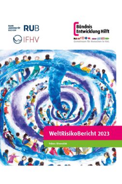 Gemalte blaue Spirale, in der sich viele Menschen befinden; Schrift: WeltRisikoBericht 2023; Fokus: Diversität