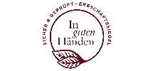 Kreis, in dem steht: In guten Händern; um den Kreis darum steht: sicher und geprüft, Erbschaftssiegel