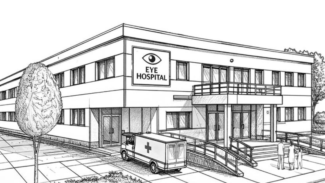 Zeichnung eines zweigeschossigen Flachdachgebäudes, auf dem "Eye Hospital", Augenkrankenhaus, geschrieben steht.