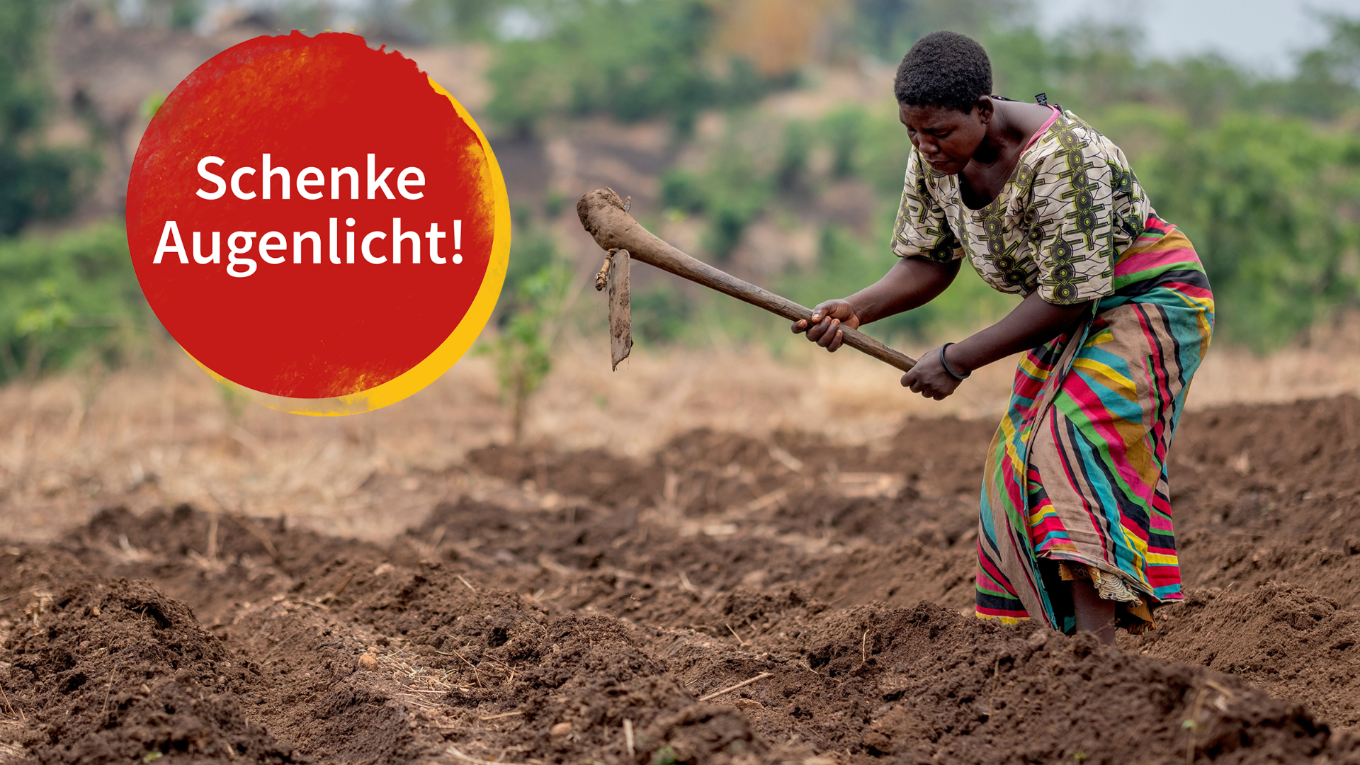 Eine afrikanische Frau bearbeitet ein Feld mit der Hacke.