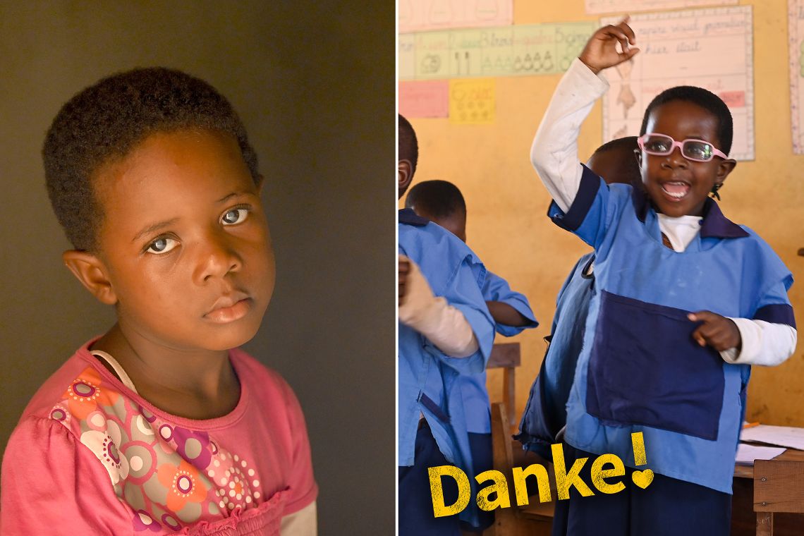 links das Porträt eines kleinen Mädchens ohne Brille, rechts dasselbe Mädchen mit Brille in Schuluniform im Klassenzimmer