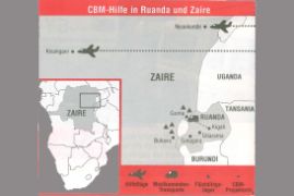Übersichtsplan des ehemaligen Zaire und Ruanda mit Ortseintragungen, an denen die CBM Kriegsopfern und Flüchtlingen geholfen hat.