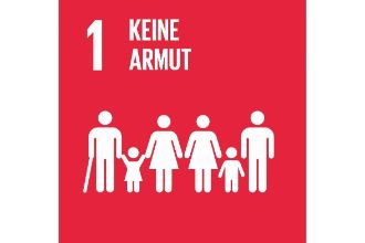 Symbol des UN-Entwicklungsziesl &quot;Armut&quot;: Mehrere große und kleine Menschen reichen sich die Hände
