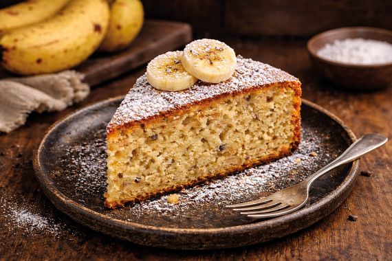 Ein Telle mit einem Stück Kuchen, auf dem zwei Bananenscheibchen liegen. Neben dem Kuchen liegt eine Kuchengabel.