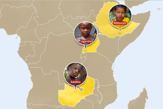 Karte mit einem Teil Afrikas. Darauf sind drei Kinderporträts auf gelb eingefärbten Ländern.