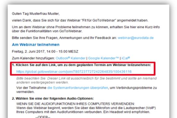 Rot umkringelt: 1. Klicken Sie auf den Link, um an dem geplanten Seminar teilnzunehmen.