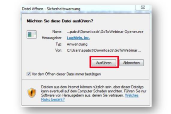 Möchten Sie diese Datei ausführen? Rot umkringelt: Ausführen