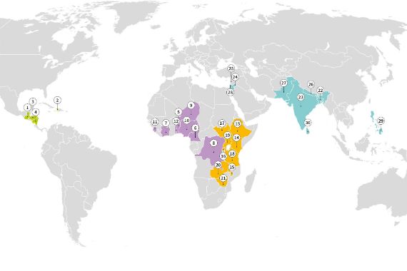 Weltkarte mit farbig markierten Ländern in Zentralamerika, Zentral-, West- Ost und im südlichen Afrika, im nahen Osten, in und um Indien und Sri Lanka.