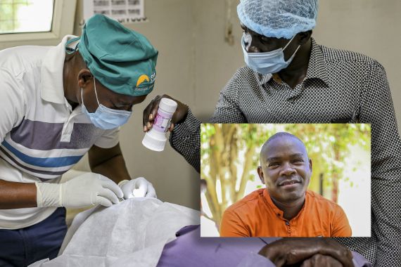 Zwei Männer beim Operieren einer mit einem Tuch bedeckten Person; Porträt eines lachenden schwarzen Mannes