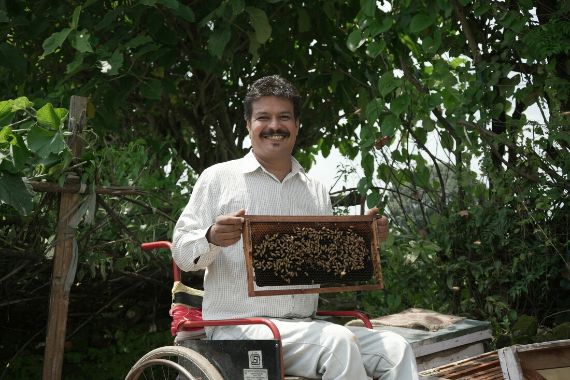 Ein im Rollstuhl sitzender Mann mit Imkerhut und Schutzhandschuhen schaut auf einen mit Bienen übersäten Bienenstock-Rahmen, den er in seinen Händen hält.