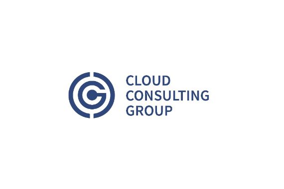 Blaue Schrift auf weißem Grund: Cloud Consulting Group; Firmenicon in Form der ineinandergestellten Buchstaben CCG (G innen)