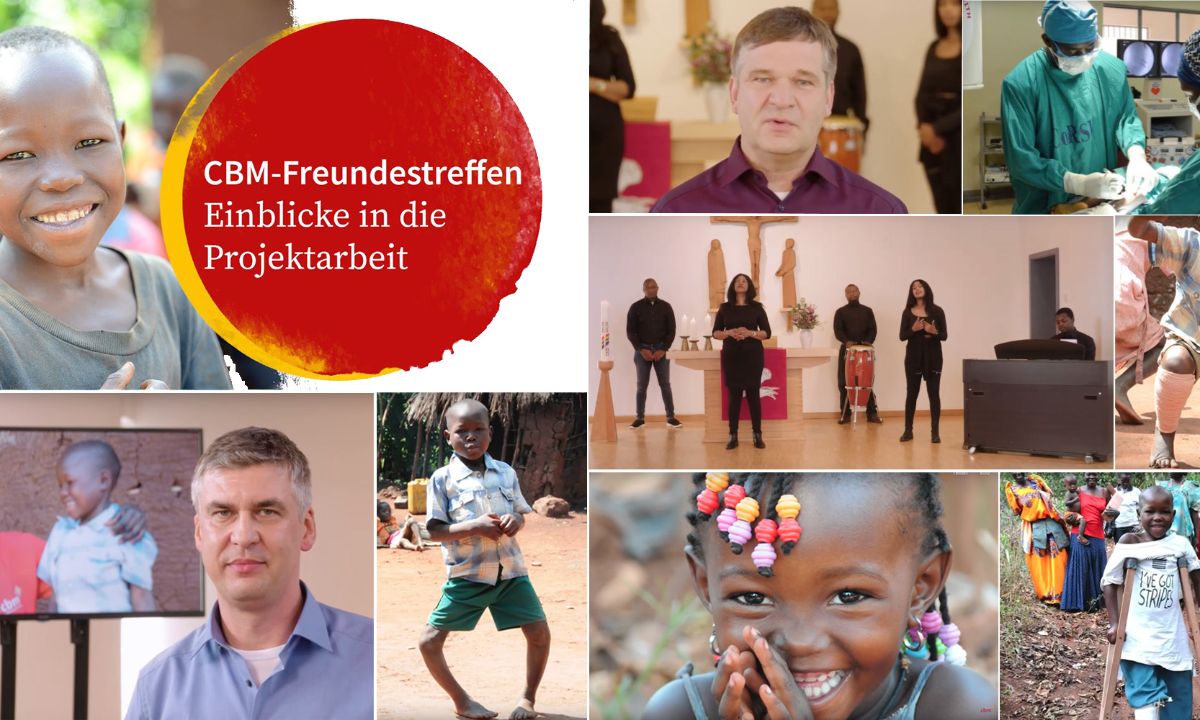 Bildkollage mit Kindern und Erwachsebeb, Text: CBM-Freundestreffen - Einblicke in die CBM-Proejktarbeit